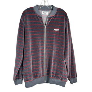 Palace Skateboards Velour Bomber Gray Red Striped Full Zip Velvet Jacket Large L